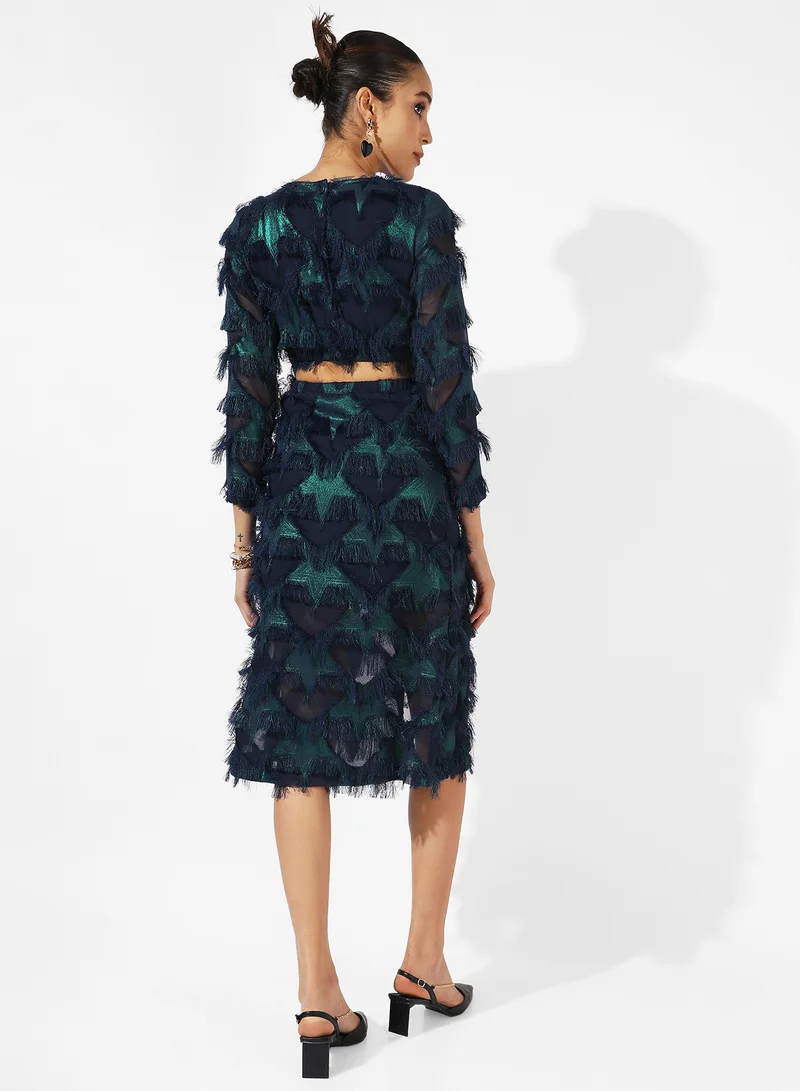 Campus Sutra  Women's Green & Blue Cutout Fringe Dress For Casual Wear | Long Sleeve | Midi Length | Dress Crafted With Comfort Fit And High Performance For Everyday Wear for Women | Best Price UAE